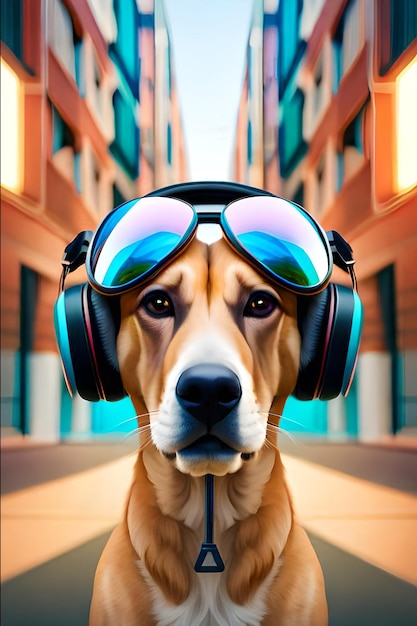 A dog with headphones on and a pair of headphones on.