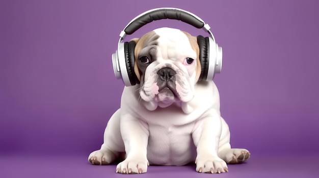 A dog with headphones on and a purple background