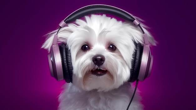 A dog with headphones on and a purple background