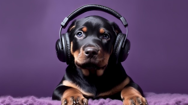 A dog with headphones on and a purple background