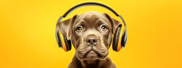 Dog with headphones yellow banner made with Generative AI