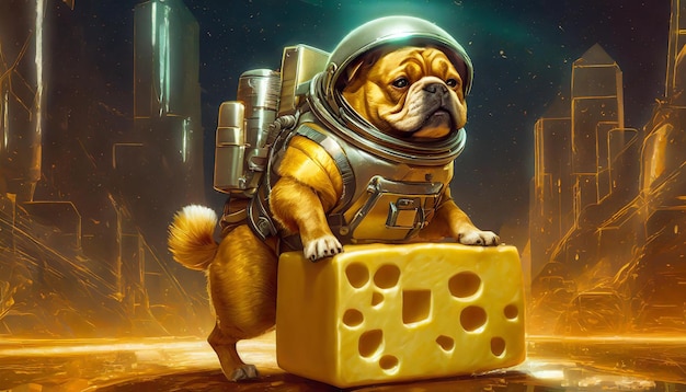 a dog with a helmet on his back stands on a cheese block