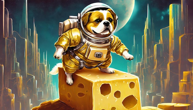 a dog with a helmet on sits on a cheese block