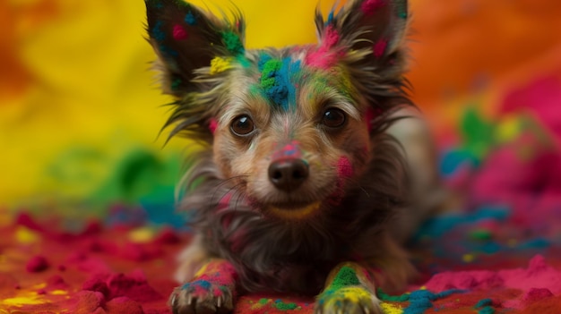 A dog with holi colours on its face