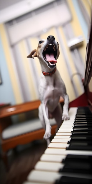 A dog with its mouth open on a piano keyboard.
