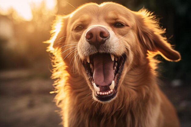 Photo a dog with its mouth open and the sun is shining on the background