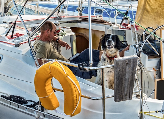 A dog with its owner on a yacht in the port on vacation in\
greece