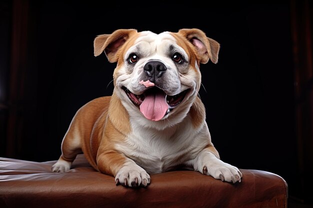 a dog with its tongue out and a black background