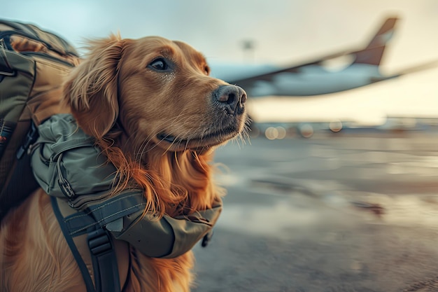 飛行場で背中に大きなバックパックを持った犬