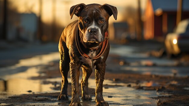 Dog with a leather leash