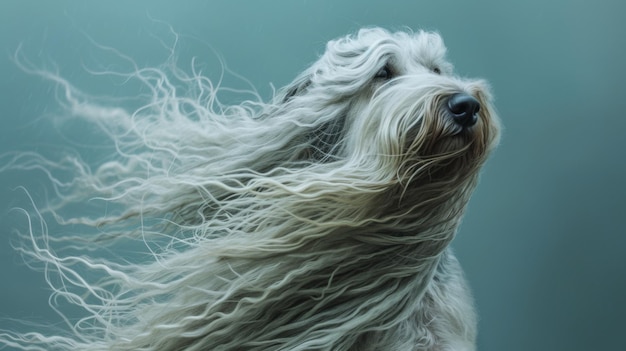 A dog with long hair Dog coat on dark background