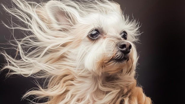 A dog with long hair Dog coat on dark background