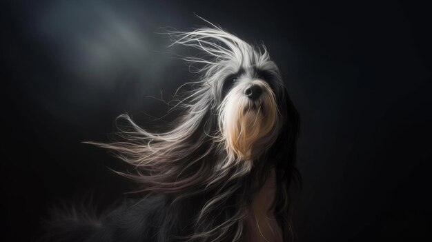 Собака с длинными волосами Собачья шерсть на темном фоне
