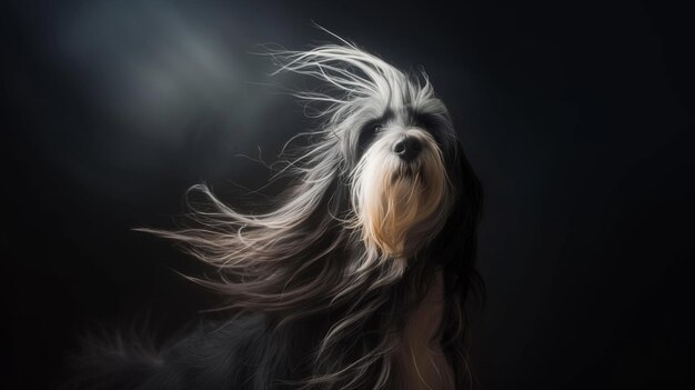 A dog with long hair Dog coat on dark background