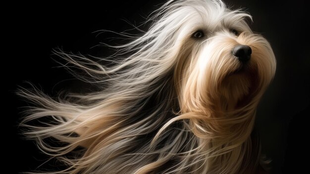 A dog with long hair Dog coat on dark background