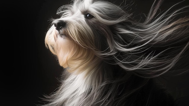 A dog with long hair Dog coat on dark background