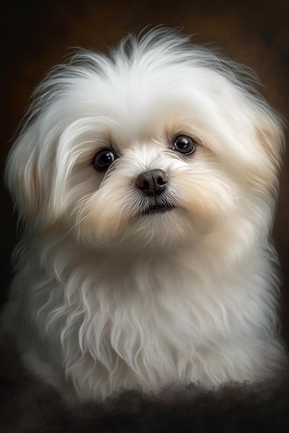 A dog with a long hair and a long nose is sitting on a dark background.