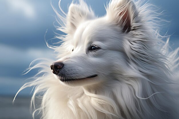 Dog with long white fur closeup on windy day generative ai