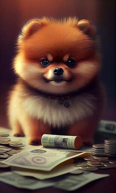 A dog with a lot of money on it and a lot of money on it.