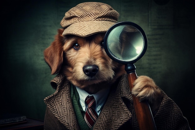 Собака с увеличительным стеклом, одетая в детектива.
