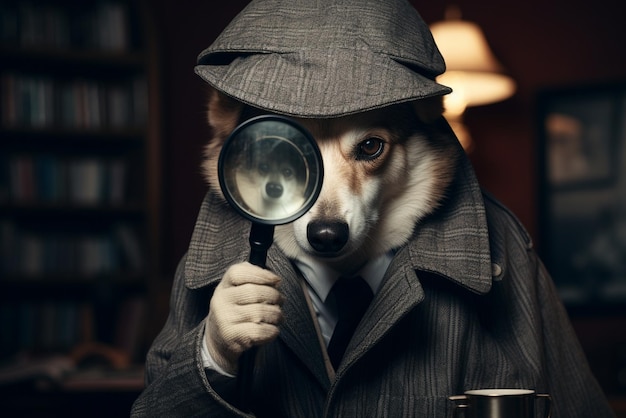 A dog with a magnifying glass dressed as a detective