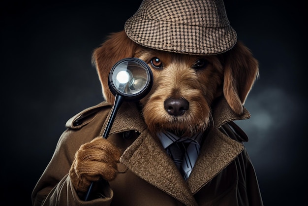 Foto un cane con una lente d'ingrandimento vestito da detective