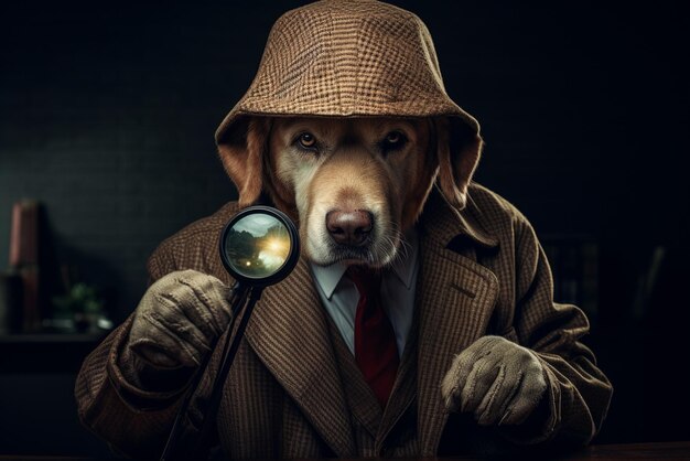 Foto un cane con una lente d'ingrandimento vestito da detective