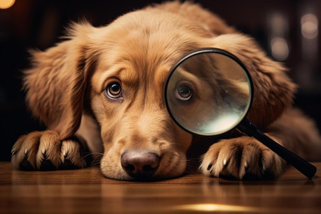 Photo a dog with a magnifying glass looking at the camera.