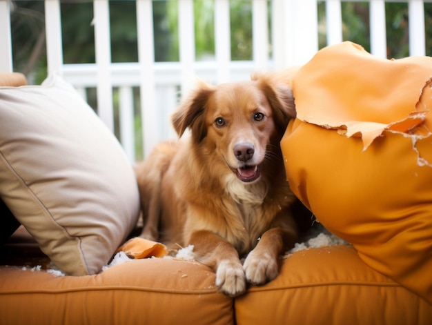 Dog with a mischievous expression surrounded by tornup pillows