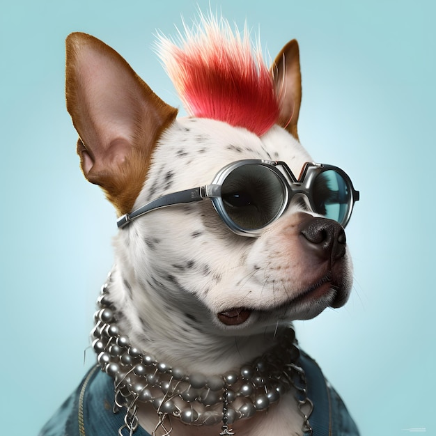 A dog with a mohawk and a blue shirt with a silver chain around his neck.