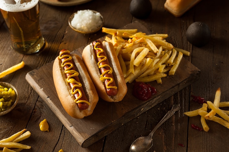 Photo dog with mustard and ketchup