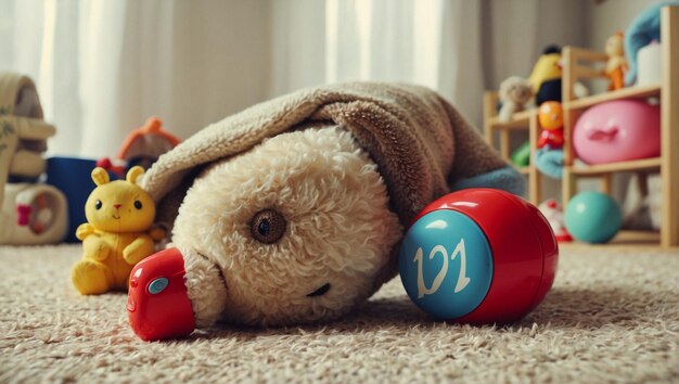 a dog with the number 12 on its head is laying on the carpet