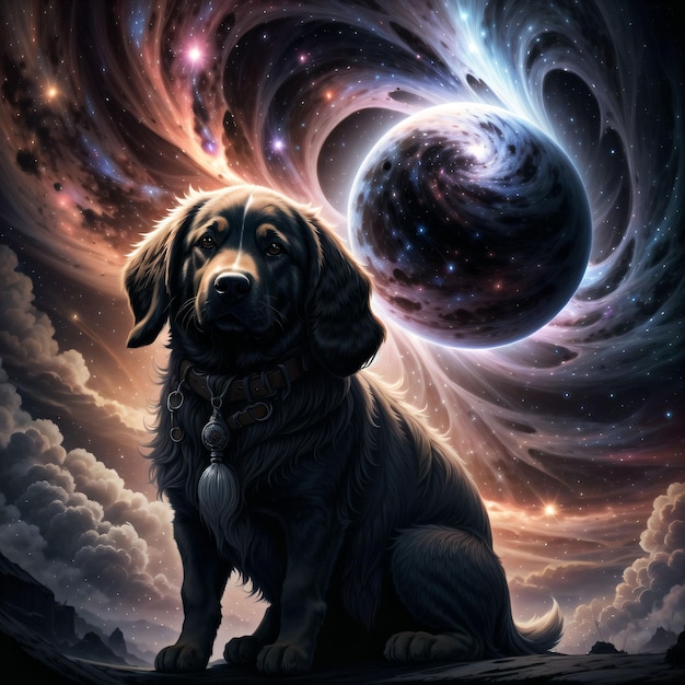 Dog with outer space in the background