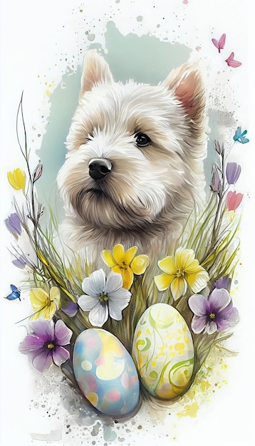 A dog with a painted easter eggs