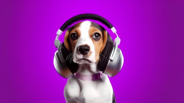 A dog with a pair of earphones on its head