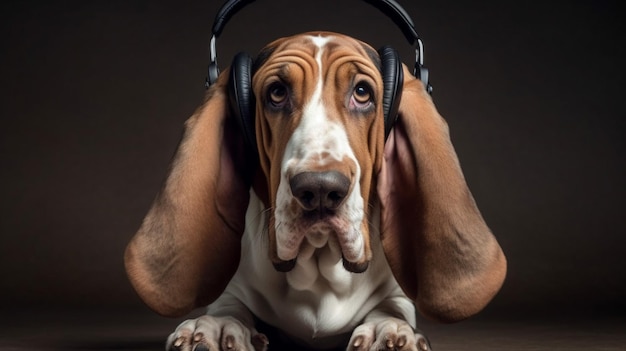 A dog with a pair of headphones on