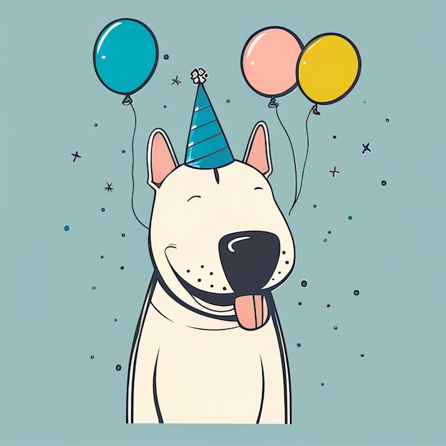 A dog with a party hat and balloons on it