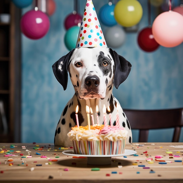 誕生日のパーティーでパーティー帽子をかぶった犬ダルマチアン犬