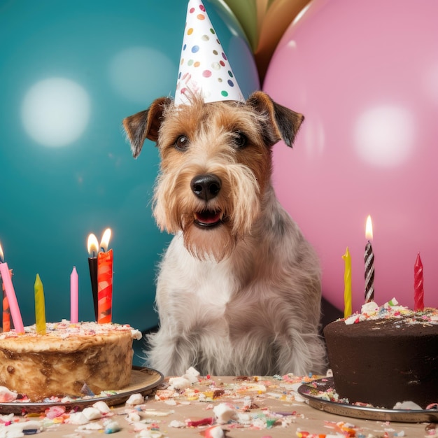 Dog with a party hat at a birthday party fox terrier