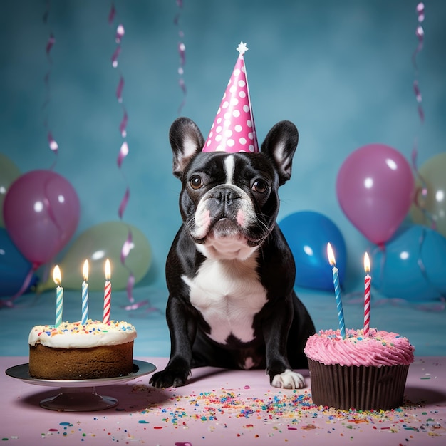 Собака с партийной шляпой на вечеринке по случаю дня рождения французского бульдога