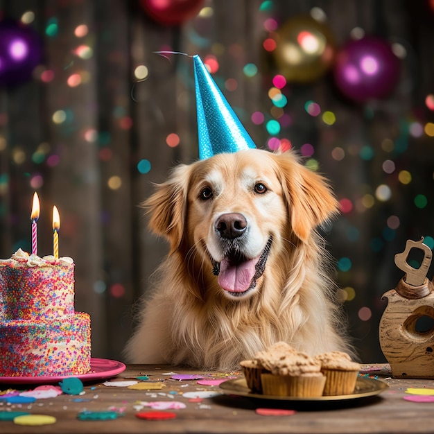 Dog with a party hat at a birthday party golden retriever