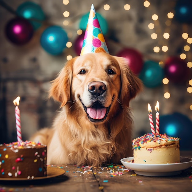 Dog with a party hat at a birthday party golden retriever