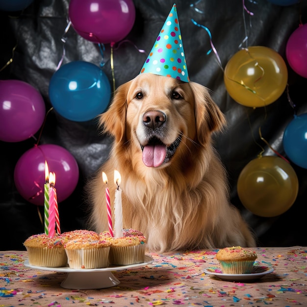 Dog with a party hat at a birthday party golden retriever