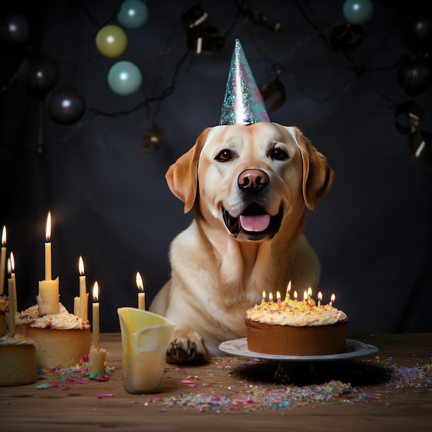 誕生日のパーティーでパーティー帽子をかぶった犬ラブラドール