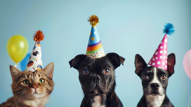 a dog with a party hat on its head and a cat with a party hat on