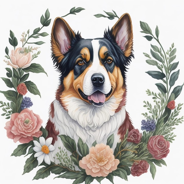 花の絵と「犬」という文字が描かれた犬。