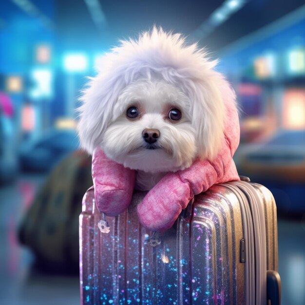 핑크색 코트를 입은 개가 그 위에 별이라는 단어를 가진 가방 위에 앉아 있습니다.