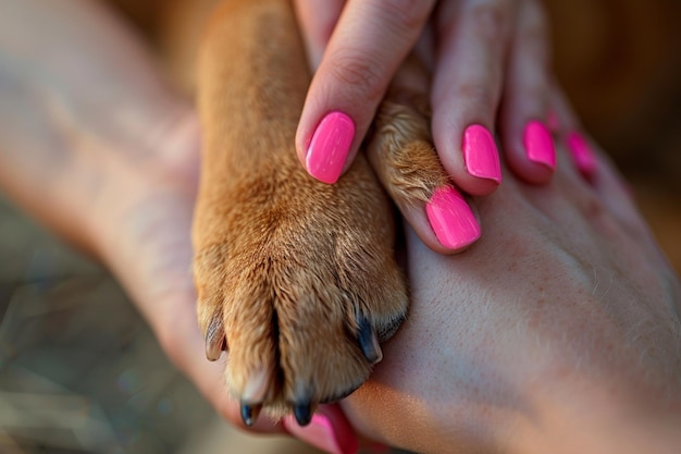 人工知能によって生成されたピンクの指甲とピンク色の指甲油を持つ犬