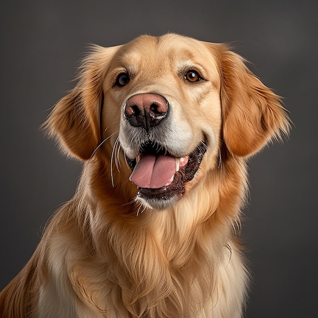 A dog with a pink tongue is sitting in front of a grey background