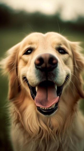 A dog with a pink tongue is smiling.